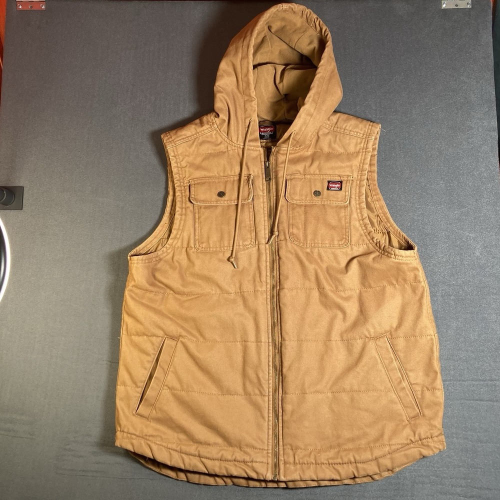 Wrangler Workwear Mens Size XL Hooded Work Vest Canvas Duck Brown Tan